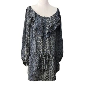 Rebecca Taylor Women Leopard Print Tunic mini dress Boat Neck Silk blue gray 10